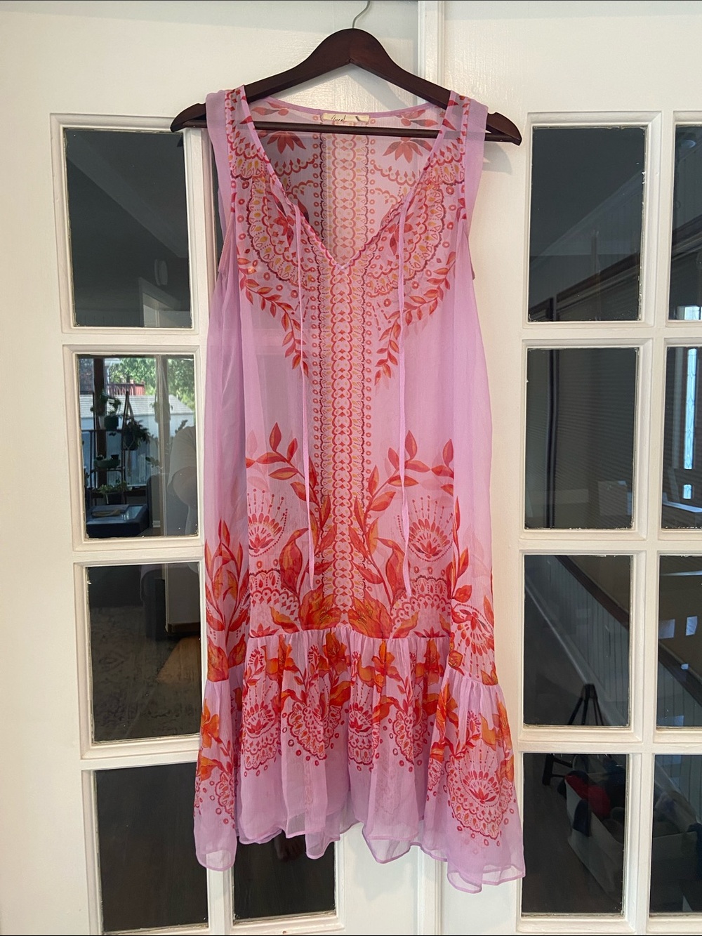 Floreat Anthropologie Purple and Red Floral Wisteria Silk Dress